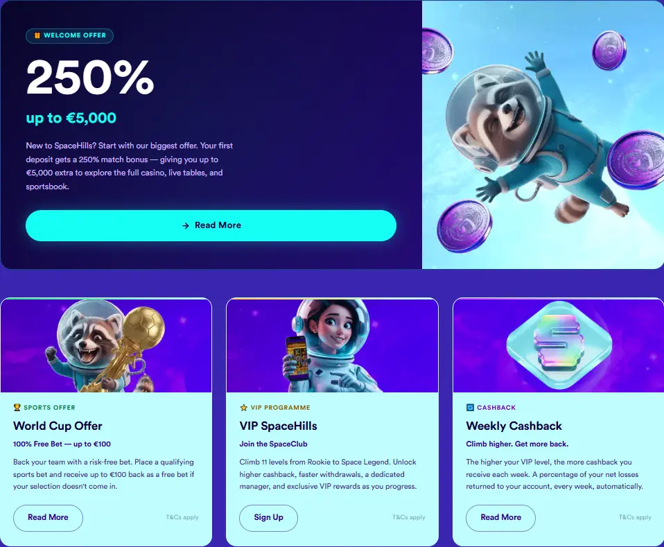 Spacehills Casino promoties — Welkomstbonus 250% tot €5.000, World Cup Offer, VIP SpaceClub en wekelijkse cashback